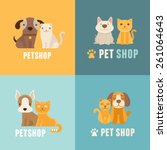Vector pet shop logo design templates in flat cartoon style - friendly cats and dogs 