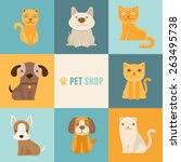 Vector pet shop logo design templates in flat cartoon style - friendly cats and dogs 