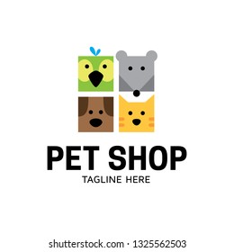 Vector Pet Shop Logo Design Template. Flat Illustration Background With Dog, Cat, Bird And Mouse. Simple Animal Icon Label For Store, Shelter, Veterinary Clinic, Hospital, Business Services 