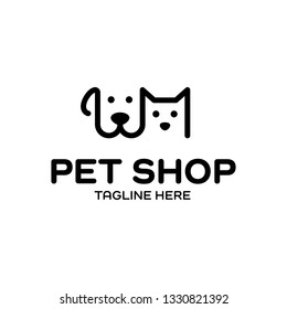 Vector Pet Shop logo design template. Black and white animal icon label for store, veterinary clinic, hospital, shelter, business services. Vet illustration background with dog and cat heads