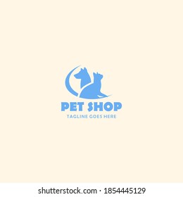 Vector Pet Shop logo design template. Modern animal icon label for store, veterinary clinic, hospital, shelter, business services. Flat illustration background with dog and cat heads