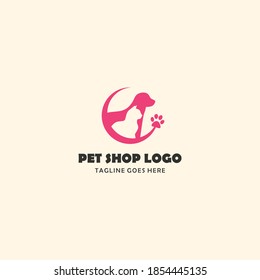 Design-Vorlage für das Logo des Vector Pet Shop. Modernes Tiersymbol für Lager, Tierklinik, Krankenhaus, Unterkunft, Geschäftsdienstleistungen. Flache Illustration, Hintergrund mit Hund- und Katzenköpfen
