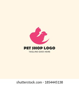 Vector Pet Shop logo design template. Modern animal icon label for store, veterinary clinic, hospital, shelter, business services. Flat illustration background with dog and cat heads