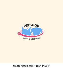 Vector Pet Shop logo design template. Modern animal icon label for store, veterinary clinic, hospital, shelter, business services. Flat illustration background with dog and cat heads