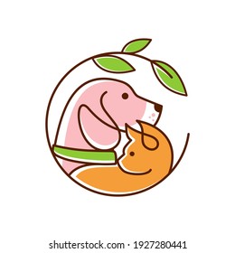 Plantilla de diseño del logotipo de Vector Pet Shop. Etiqueta moderna de icono animal para tienda, clínica veterinaria, hospital, refugio, servicios de negocios. Fondo plano de ilustración con perro y gato.