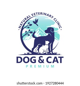 Vector Pet Shop logo design template. Modern animal icon label for store, veterinary clinic, hospital, shelter, business services. Flat illustration background with dog and cat.