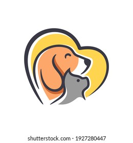 Vector Pet Shop logo design template. Modern animal icon label for store, veterinary clinic, hospital, shelter, business services. Flat illustration background with dog and cat.
