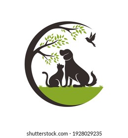 Vector Pet Shop logo design template. Modern animal icon label for store, veterinary clinic, hospital, shelter, business services. Flat illustration background with dog and cat.