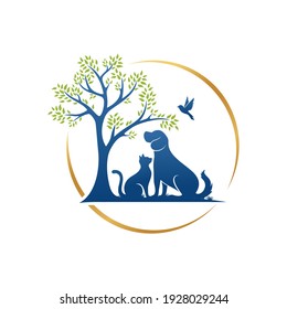 Vector Pet Shop logo design template. Modern animal icon label for store, veterinary clinic, hospital, shelter, business services. Flat illustration background with dog and cat.