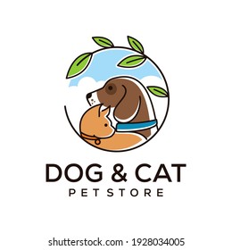 Vector Pet Shop logo design template. Modern animal icon label for store, veterinary clinic, hospital, shelter, business services. Flat illustration background with dog and cat.