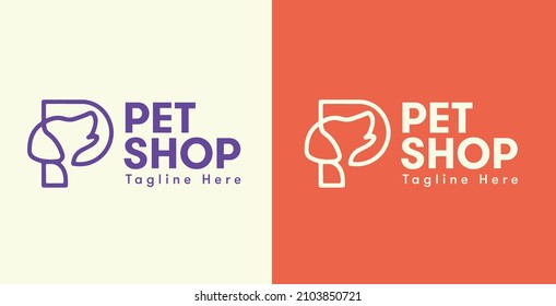 Vector Pet Shop logo design template set. Flat illustration background with dog and cat. Line Of Love Pet Logo Design. Love Pet Logo Template. Modern Design. Flat Logo. Vector Illustration