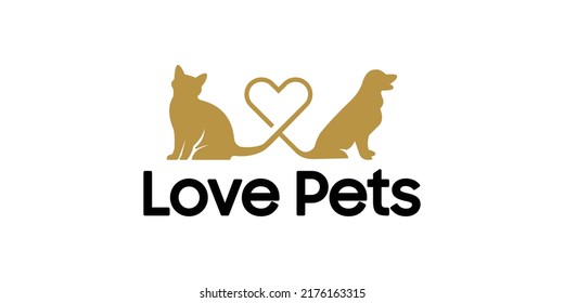 Vector Pet Shop logo design template. Modern animal icon labels for shops, veterinary clinics, hospitals, shelters, business services. Flat illustration background with heart shaped dog and cat tails.