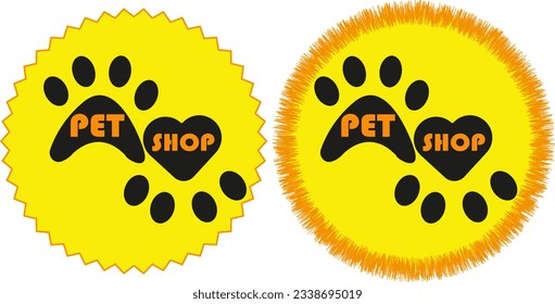Diseño del logo de la tienda de veterinarios - papel impreso, letras. Huellas de gato y perro. Negro y naranja en amarillo. Logo diseñado para tiendas de mascotas. Marco de furia. Ideas creativas para el diseño del logo.