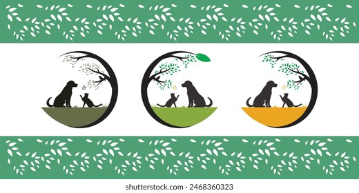 Vector Pet Shop logo design template. Modern animal icon label for store, veterinary clinic, hospital, shelter, business services. Flat illustration background with dog and cat.