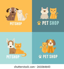 Vector pet shop logo design templates in flat cartoon style - friendly cats and dogs 