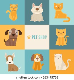 Vector pet shop logo design templates in flat cartoon style - friendly cats and dogs 