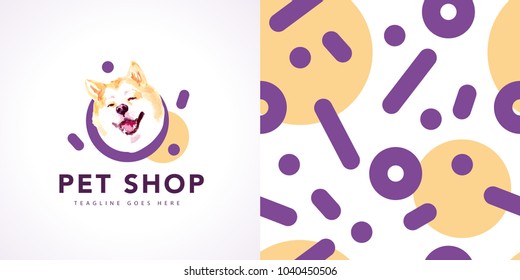 Vector pet shop logo insignia isolated on white background. Smiling funny akita dog watercolour portrait. Seamless graphic pattern in memphis style.