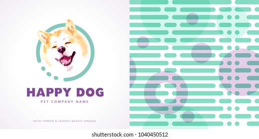 Vector pet shop logo insignia isolated on white background. Smiling funny akita dog watercolour portrait. Seamless graphic pattern in memphis style.