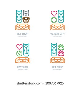 Vector pet shop, veterinary line logo, emblem or label design elements. Color outline isolated icons. Goods and accessories for animals. Template for vet, pet care, cats and dogs grooming.