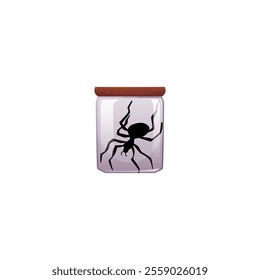 Vector pet spider in a glass jar, perfect for Halloween decoration. An image of a black dangerous arthropod, ideal for scientific and biological topics.