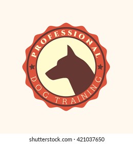 Vector pet training badge with dog's head profile. Vector pets care label made in retro style.