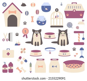 Vector pet and veterinary set of flat icons. Bowls, scratching post, kibble, balls, toys, kennel, pet carrier, collar, pets, etc. isolated on white background for pet shop or veterinary clinic