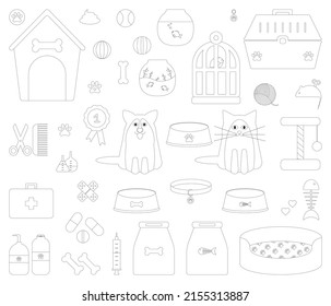 Vector pet and veterinary set of outline icons. Bowls, scratching post, kibble, balls, toys, kennel, pet carrier, collar, pets, etc. isolated on white background for pet shop or veterinary clinic