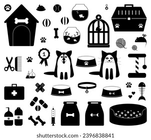 Vector pet and veterinary set of simple icons. Bowls, scratching post, kibble, balls, toys, kennel, pet carrier, collar, pets, etc. isolated on white background for pet shop or veterinary clinic