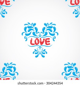 Vector petals seamless pattern element. Heart resembling shapes ornaments with cute love word. Elegant texture for backgrounds. Hand drawn grunge.