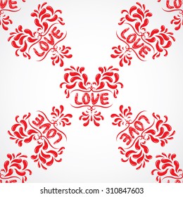 Vector petals seamless pattern element. Heart resembling shapes ornaments with cute love word. Elegant texture for backgrounds. Hand drawn grunge.