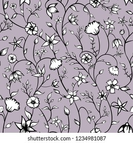 Vector Petite Indian Floral Ornaments  line art seamless pattern background. Perfect for fabric, scrapbooking and wallpaper projects.
