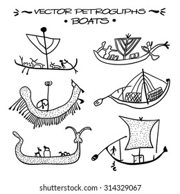 Vector petroglyphs. Boats of wandering cattle herders