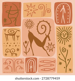 Vetor petróglifos símbolos padrão petróglifos borda pedra pinturas desenhadas à mão antigos vintage místico folk étnico design símbolos definir clipart paleta de terracota