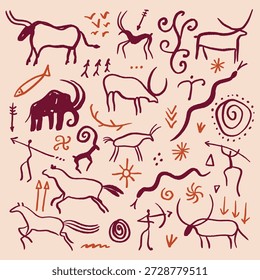 Vetor petróglifos símbolos padrão petróglifos borda pedra pinturas desenhadas à mão antigos vintage místico folk étnico design símbolos definir clipart paleta de terracota