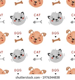 Vector Pets. Cute Cat and Dog Seamless Pattern. Childish Background with Little Kitten and Funny Puppy. Baby Animal Heads Drawing for Tee Print for Kids