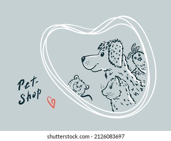 Vector Pets. Dog, Cat, Hamster and Bird. Pet Shop Logo Design, Veterinary Clinic or Homeless Animal Shelter. Outline illustration