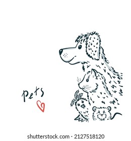 Vector Pets. Dog, Cat, Hamster and Bird. Pet Shop Logo Design, Veterinary Clinic or Homeless Animal Shelter. Outline illustration. 