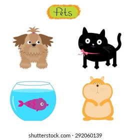 Vector pets illustration isolated Cute set White background Cat, dog, fish, hamster Flat design Illustration