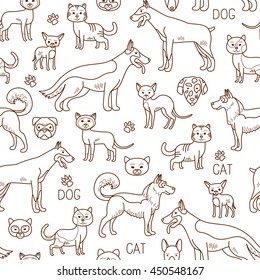 Vector Pets Pattern. Doodle Dog And Cat Background