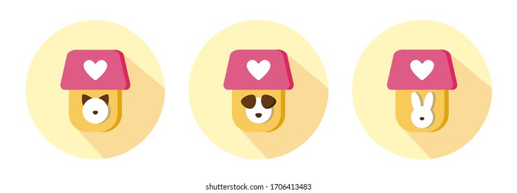 vector pets in yellow houses with hearts round icons set flat style isolated on white background. Color pet hotel sign. Domestic animals stay home