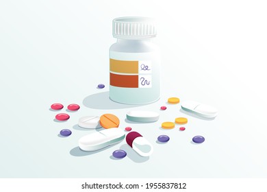 Vector pharmaceutical illustration of bottle with pills and drugs addictive, dangerous medicine.