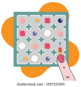 Vector pharmaceutical illustration of playing tag as a case with pills and drugs addictive, dangerous medicine.