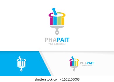 Vector pharmacy and brush logo combination. Pounder and paintbrush symbol or icon. Unique mortar and pestle logotype design template.