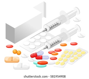 Vector pharmacy drugstore set. Medical store, pills, drugs, vitamins and other medical objects