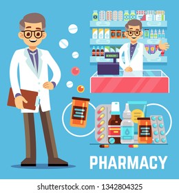 Vector pharmacy elements with male pharmacist, vitamins and drugs