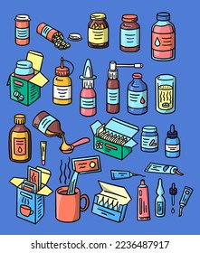 Equipo de objetos de medicamentos para farmacia vectorial. Mezclas dibujadas a mano, jarabe para la tos, pulverización nasal y doodles de tubo de pomada de crema. Vidrio con píldora, caja de té, medicina goteando en cuchara, ampollas iconos