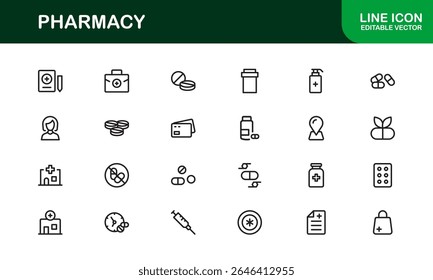 Conjunto de ícones da farmácia de vetor com símbolos médicos, pílulas, prescrições e elementos de saúde