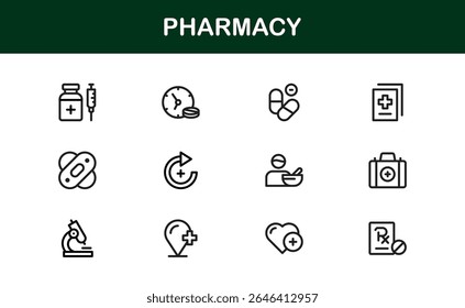 Conjunto de ícones da farmácia de vetor com símbolos médicos, pílulas, prescrições e elementos de saúde