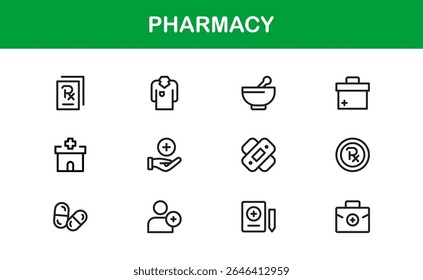 Conjunto de ícones da farmácia de vetor com símbolos médicos, pílulas, prescrições e elementos de saúde