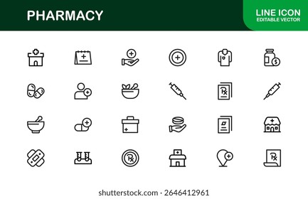 Conjunto de ícones da farmácia de vetor com símbolos médicos, pílulas, prescrições e elementos de saúde